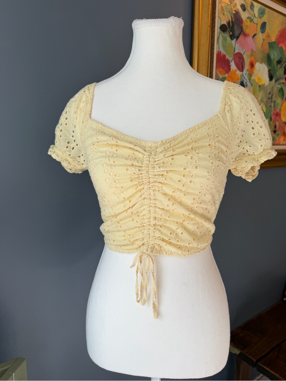 Hollister Pale Yellow Eyelet Ruched Crop Top